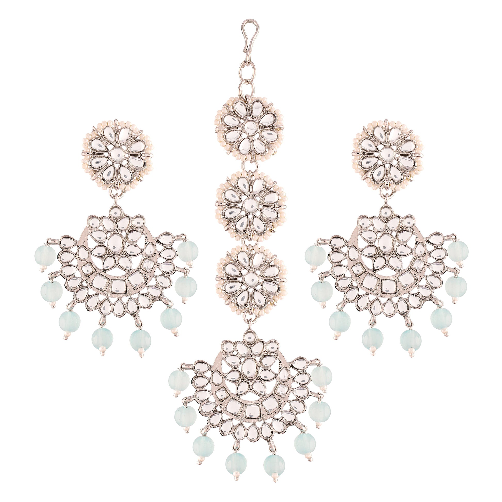 Gold-Polished With Matte Finish Traditional Kundan & Faux Pearl Chandbali Earrings With Maang Tikka Set - Wahe Jewels - Swadesiicart