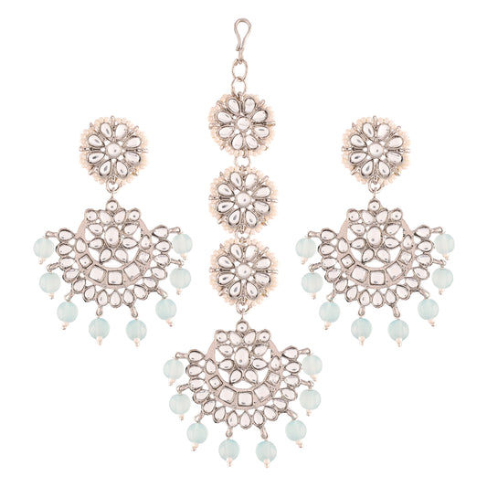 Gold-Polished With Matte Finish Traditional Kundan & Faux Pearl Chandbali Earrings With Maang Tikka Set - Wahe Jewels
