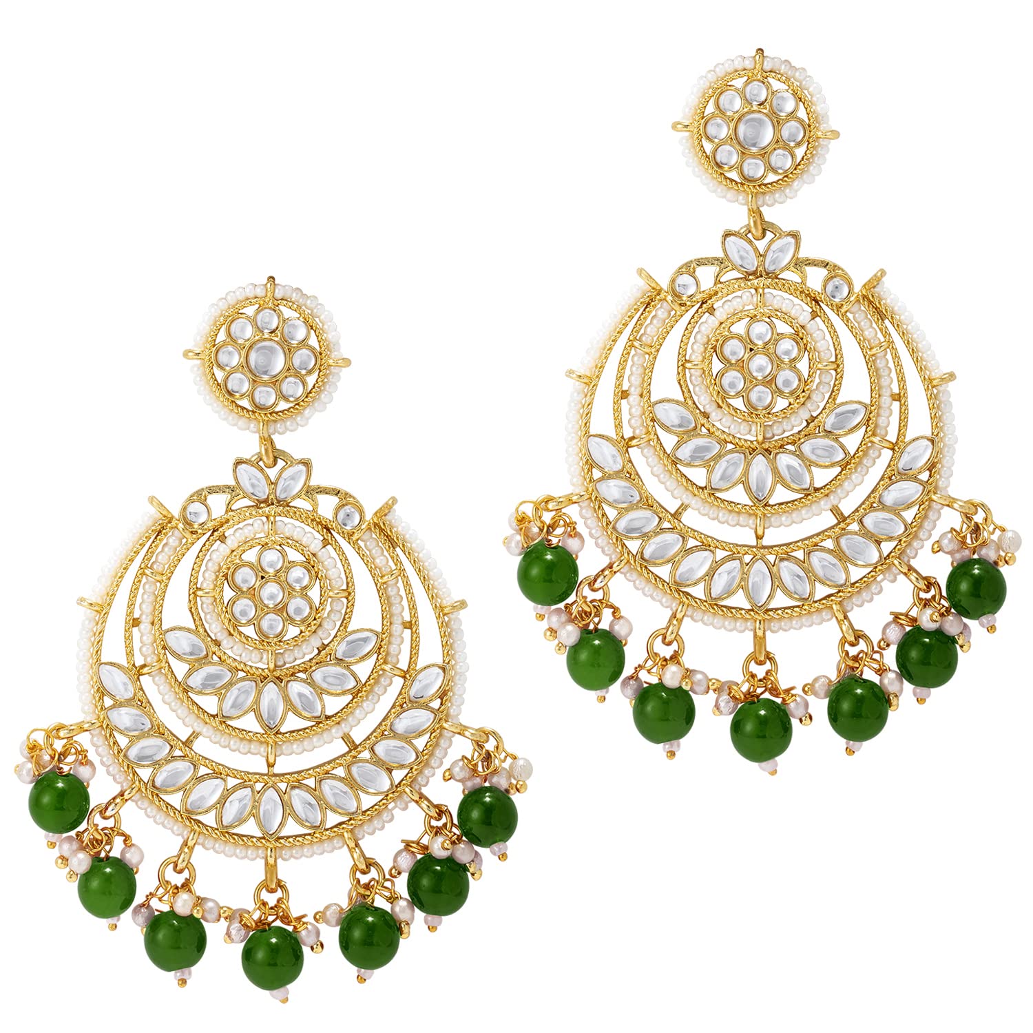 Gold-Polished Traditional Beaded Chandbali Earrings Glided With Kundans & Pearls For Women/Girls - Wahe Jewels Noz2Toz