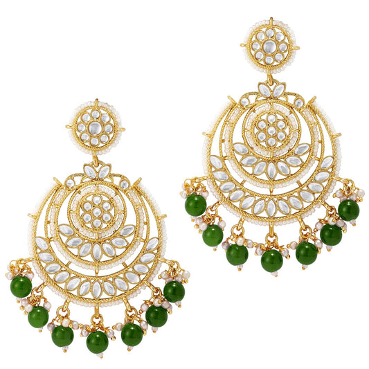 Gold-Polished Traditional Beaded Chandbali Earrings Glided With Kundans & Pearls For Women/Girls - Wahe Jewels Noz2Toz