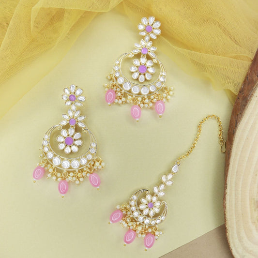 Gold-Polished Traditional Kundan & Pearl Chandbali Earrings with Maang Tikka Set for Women/Girls - Wahe Jewels