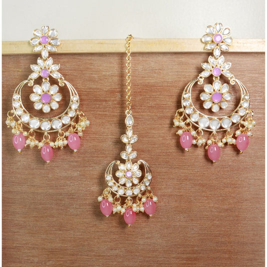 Gold-Polished Traditional Kundan & Pearl Chandbali Earrings with Maang Tikka Set for Women/Girls - Wahe Jewels