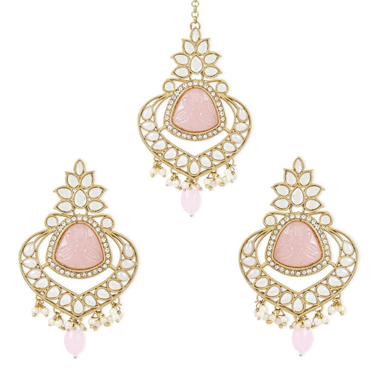 Gold-Polished Traditional Pearl Hanging Kundan Stone Chandbali Earring With Maang Tikka For Women/Girls - Wahe Jewels