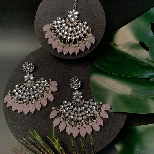 Ethnic Stylish Silver Oxidised Kundan Pearl Chandbali Earrings With Maang Tikka Set For Women And Girls - Wahe Jewels
