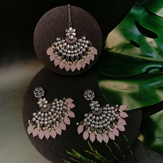 Ethnic Stylish Silver Oxidised Kundan Pearl Chandbali Earrings With Maang Tikka Set For Women And Girls - Wahe Jewels