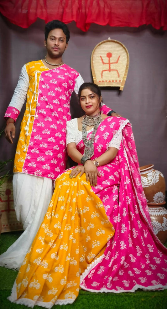 Exclusive Collection Grab2Buy With Blouse Piece For Women And Men's Kurta - Yellow 