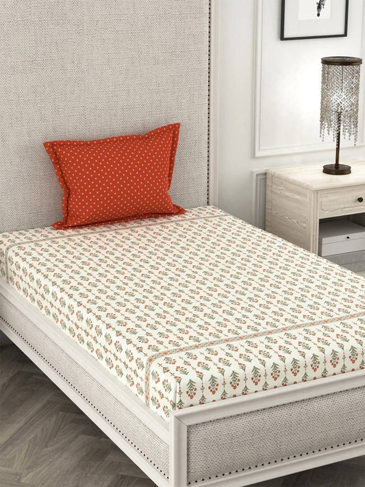 CHHAVI INDIA Cream-Coloured & Orange Floral Ultra Soft 210 TC Bedsheet with Pillow Covers 
