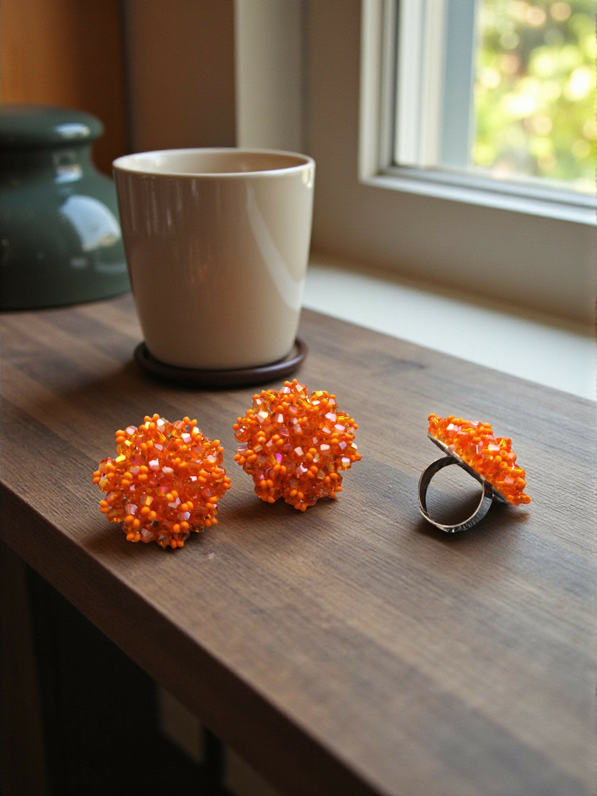 Inhanns Rangmani Crystal Duo – Adjustable Ring + Statement Earrings Set - Orange