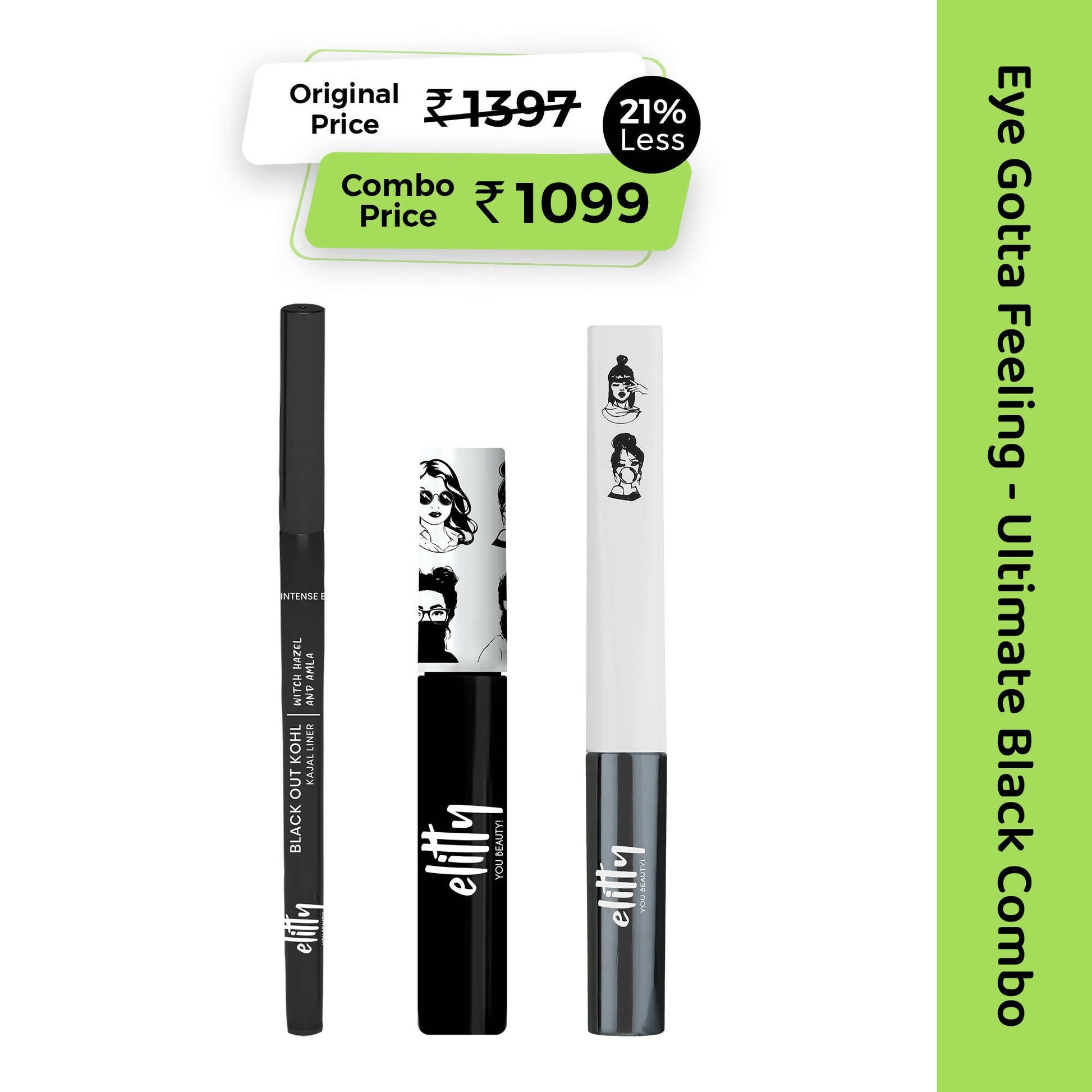 Elitty Eye Gotta Feeling Ultimate Black 3 in 1 Eyeliner, Kajal, Mascara Combo - Grab2buy