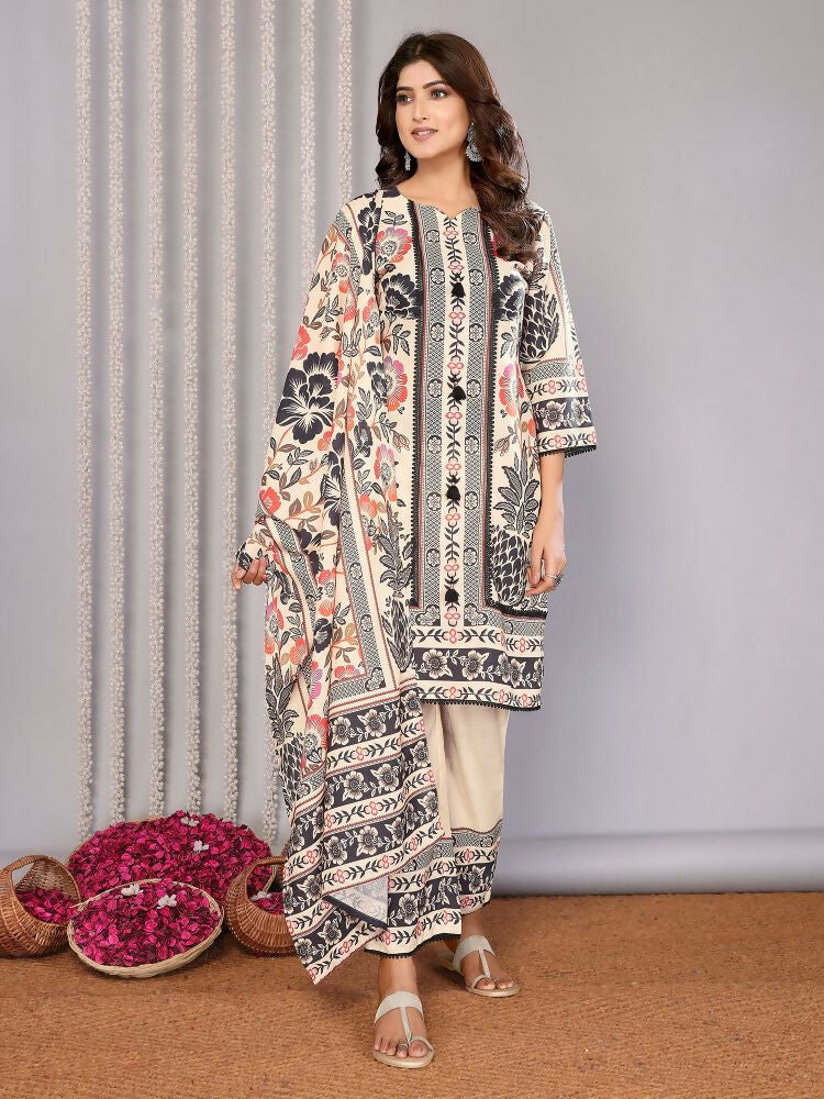 Joban Fashion Women Cream Linen Printed Stitched Kurta Set