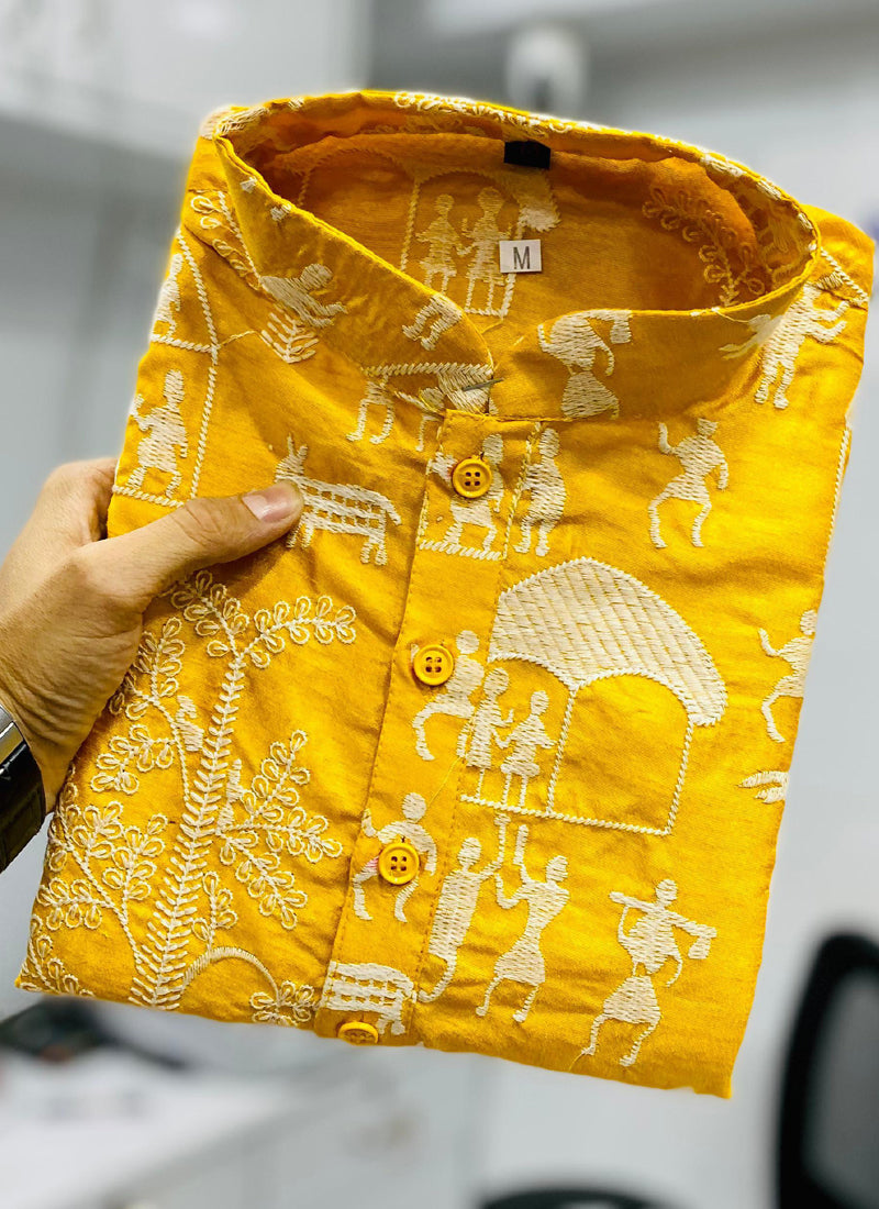 Prazu Fashion Yellow Lucknowi Silk Kurta With Pajama