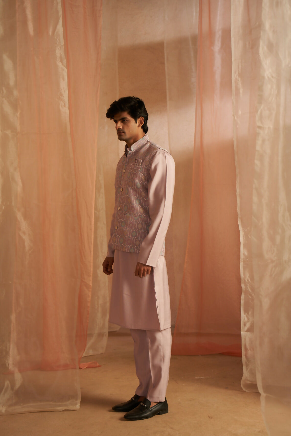 Purple Viscose Designer Printed Men's Kurta Set with Koti - Mahotsav