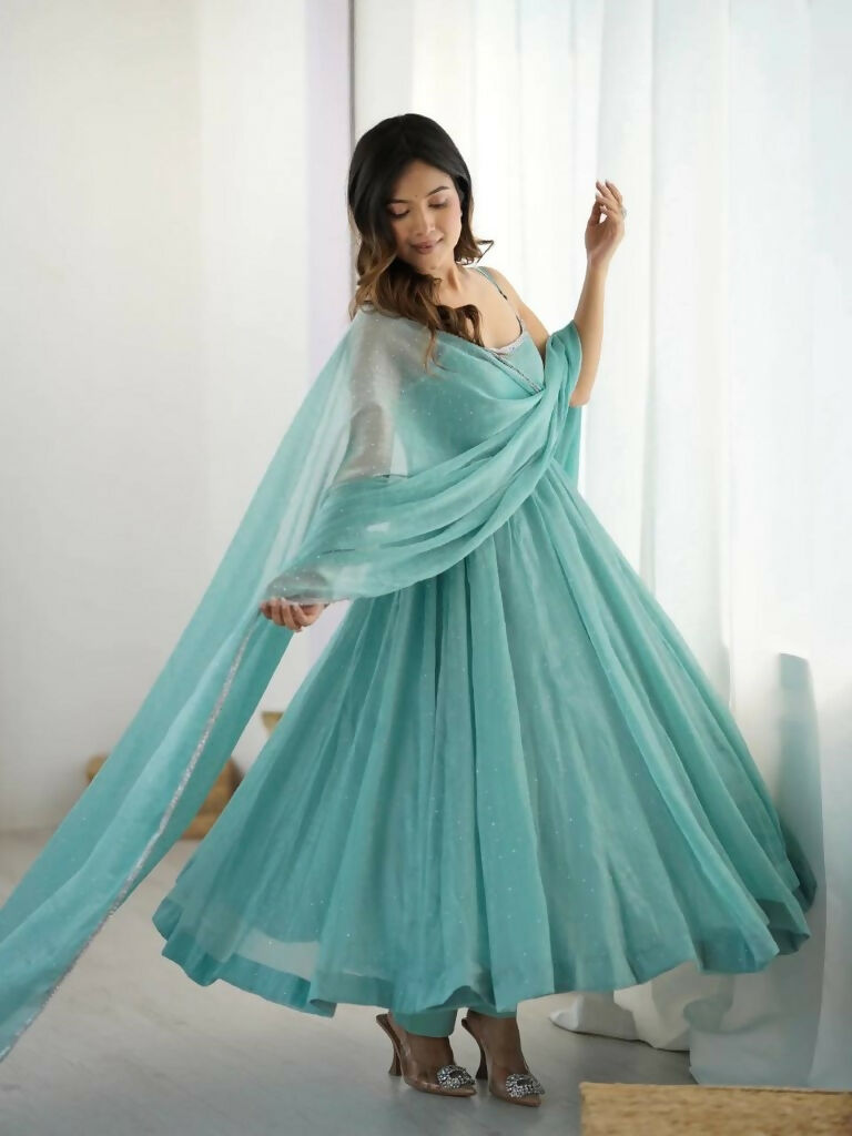 Teeya Creation Sky Color Crunchy Silk Serosky Work Party Wear Gown