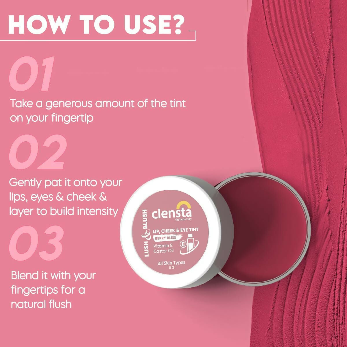 Clensta Lip Cheek Tint - Berry Bliss with Goodness of Vitamin E & Castor Oil - Grab2buy