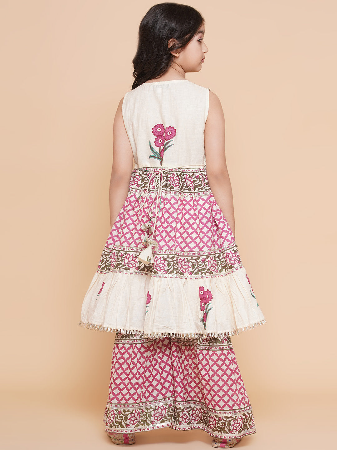 Girls Pink & White Floral Printed Kurta With Sharara - Bhama 