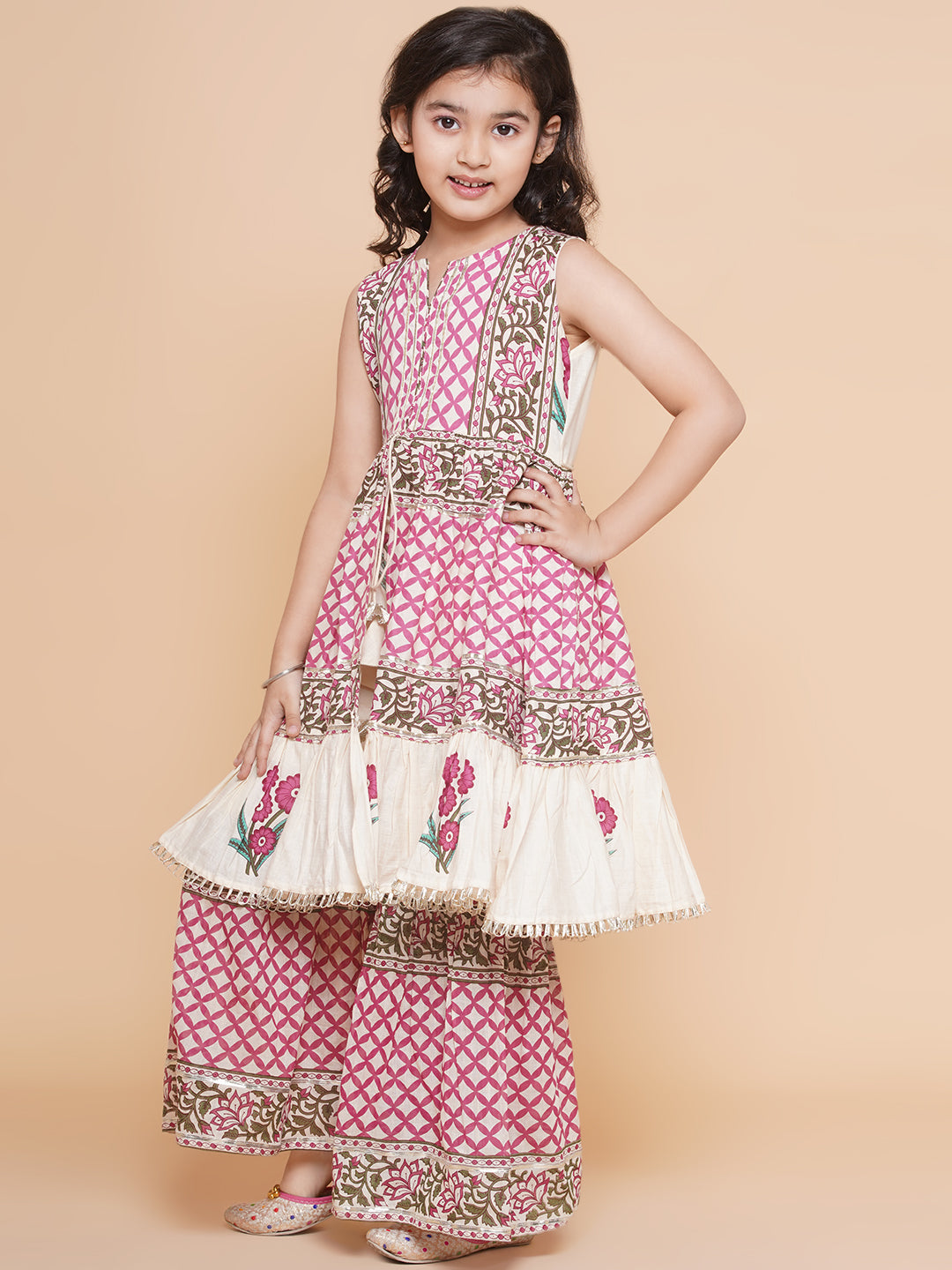 Girls Pink & White Floral Printed Kurta With Sharara - Bhama 