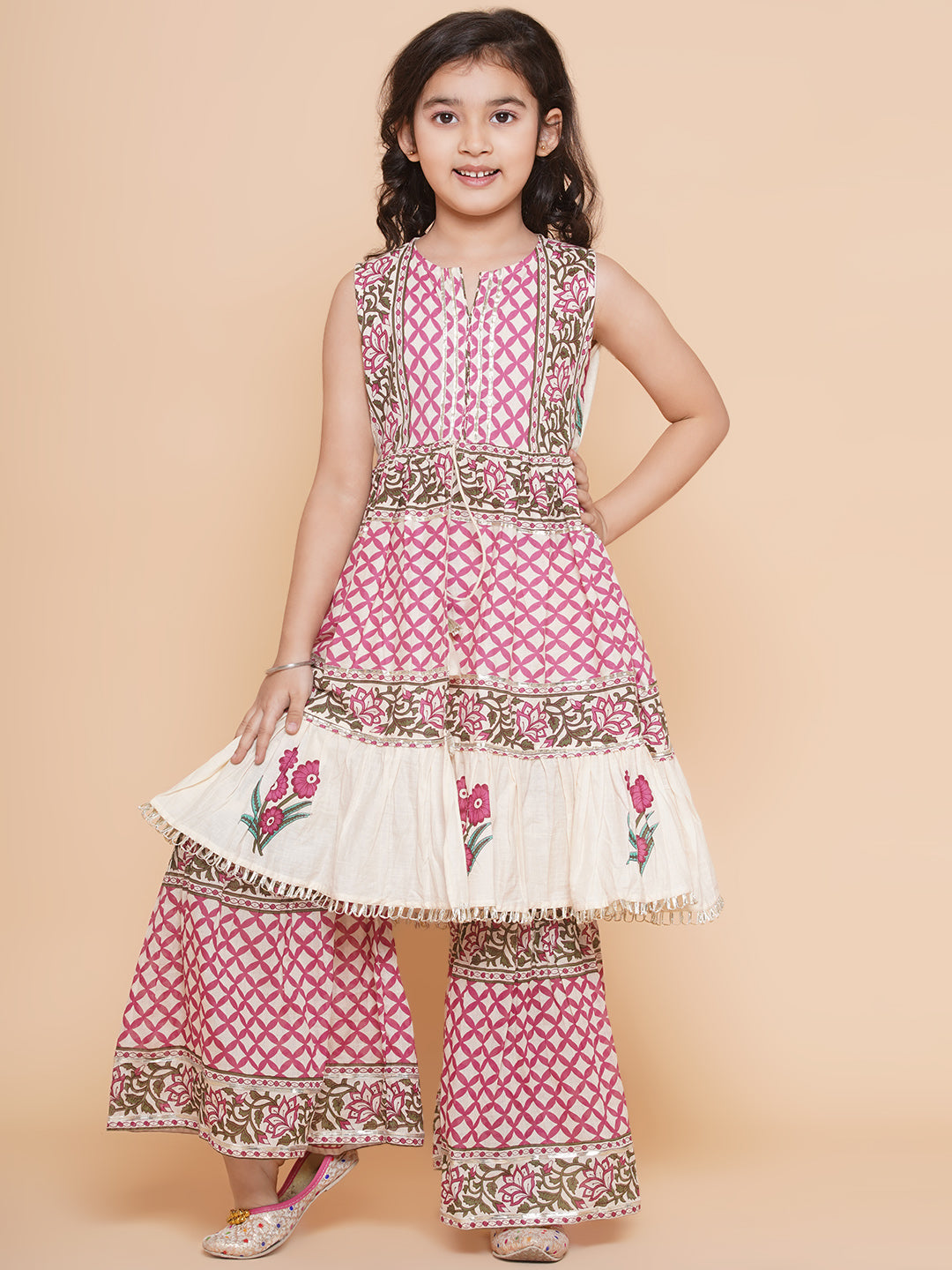 Girls Pink & White Floral Printed Kurta With Sharara - Bhama 