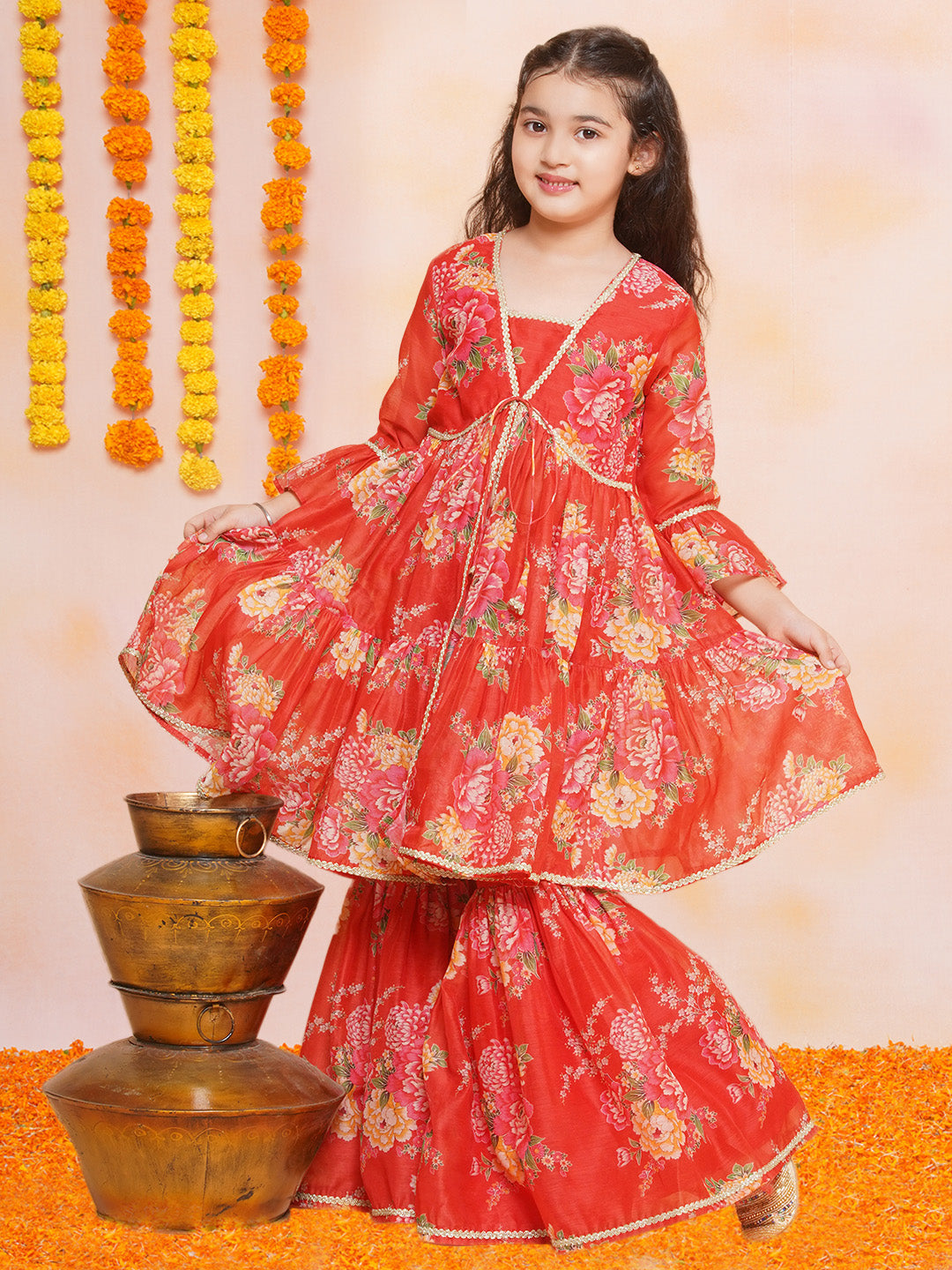 Girls Red Printed V- Neck Kurta with Sharara - Bhama 