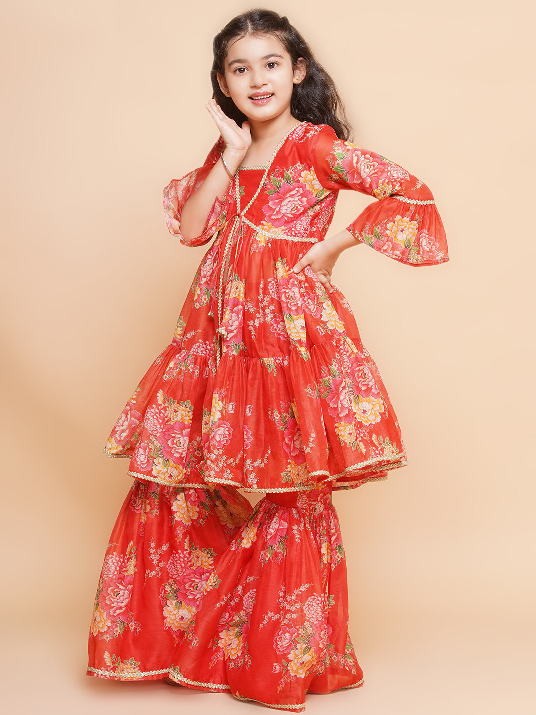 Girls Red Printed V- Neck Kurta with Sharara - Bhama 