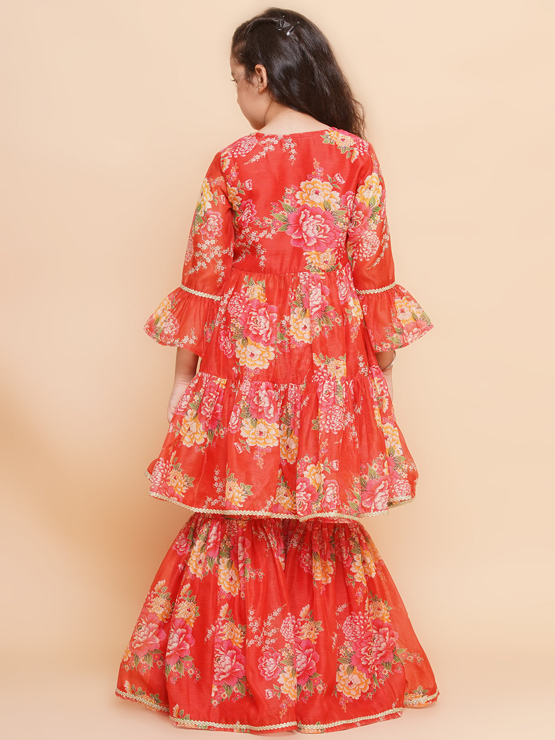 Girls Red Printed V- Neck Kurta with Sharara - Bhama 