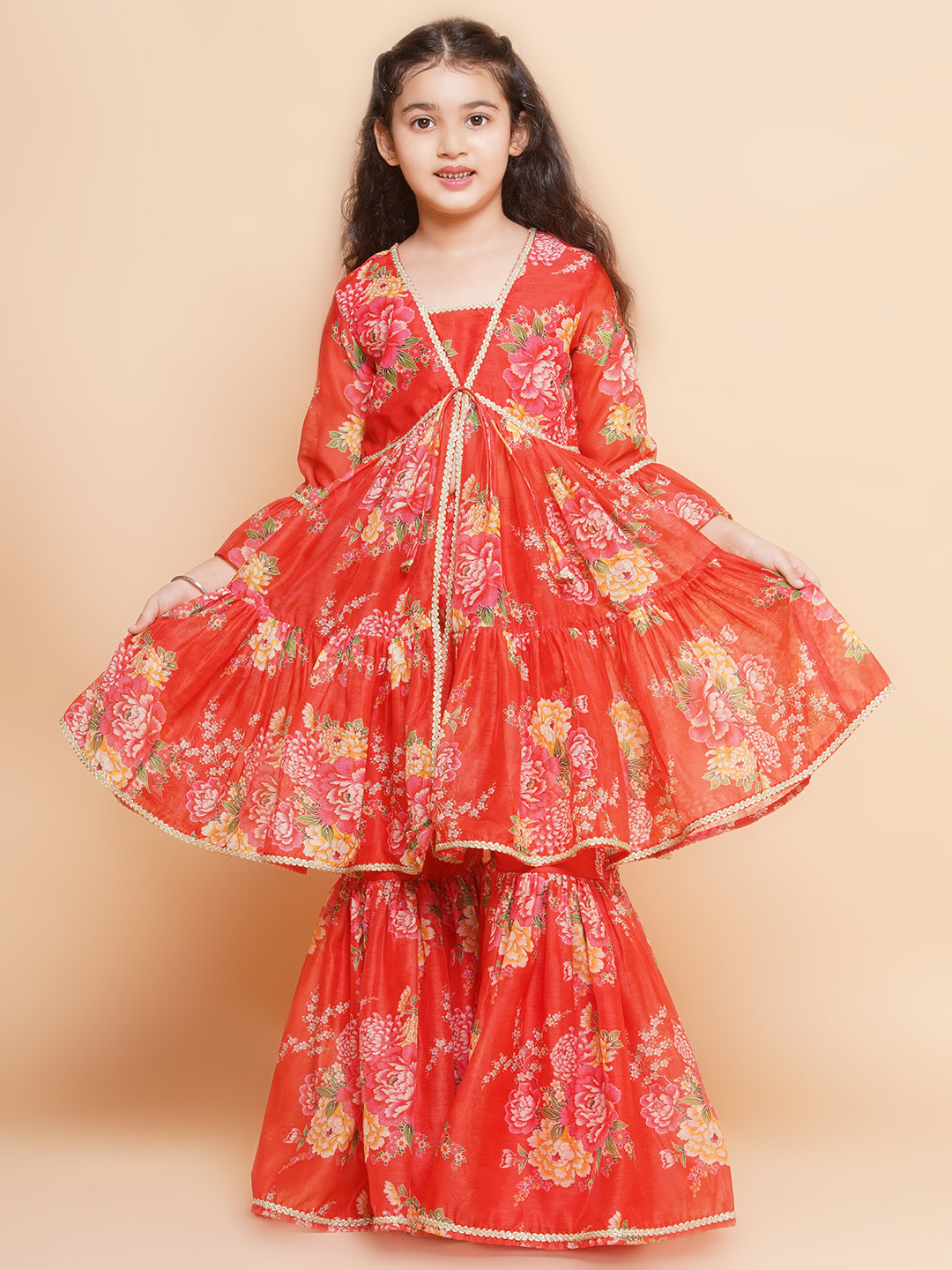 Girls Red Printed V- Neck Kurta with Sharara - Bhama 