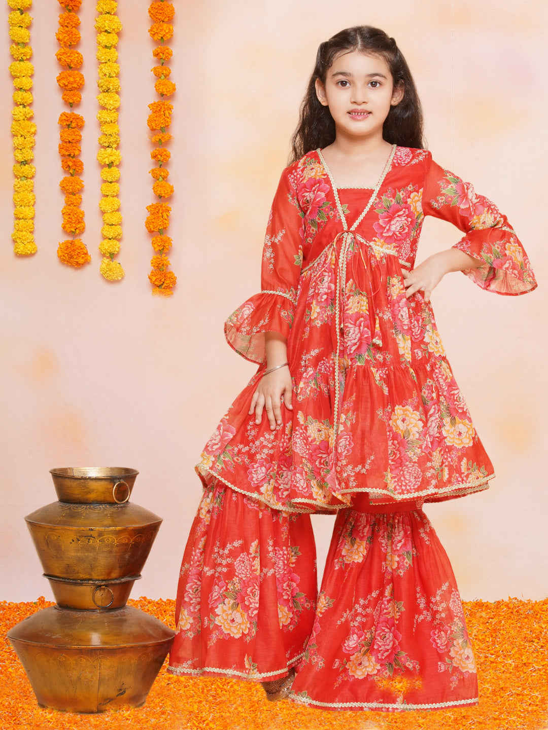 Girls Red Printed V- Neck Kurta with Sharara - Bhama 