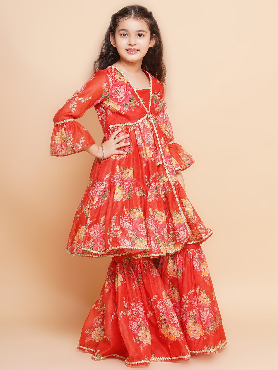 Girls Red Printed V- Neck Kurta with Sharara - Bhama 