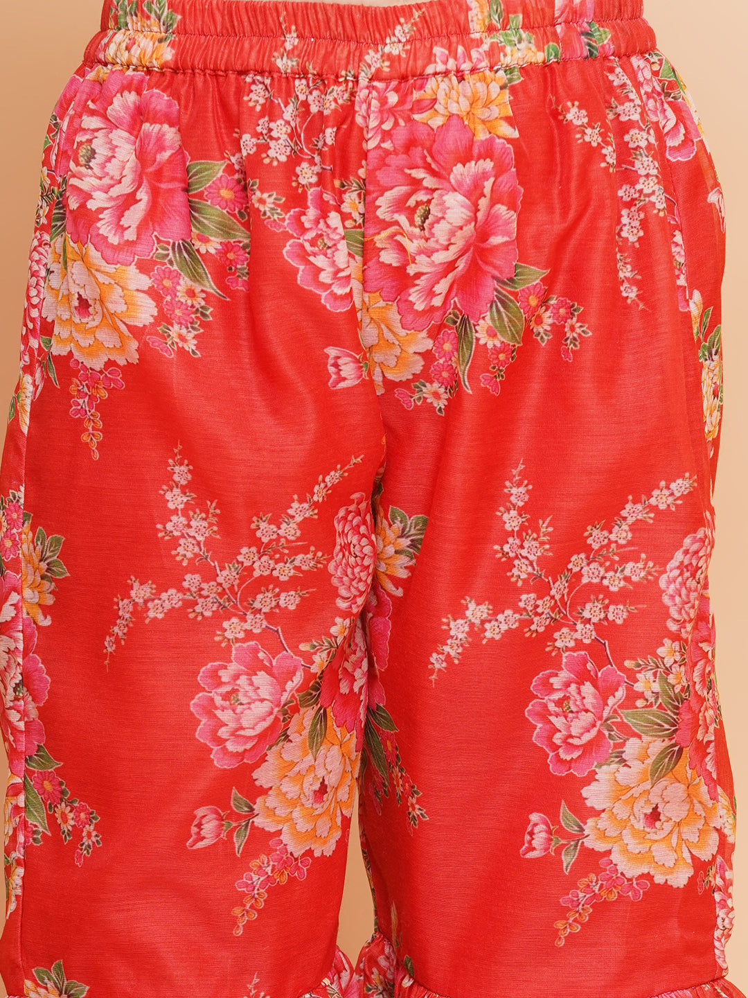 Girls Red Printed V- Neck Kurta with Sharara - Bhama 