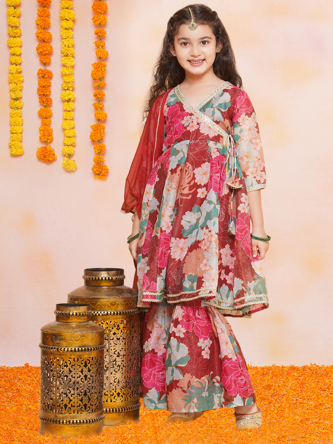 Girls Maroon Multi Printed Angrakha Kurta with Sharara & Dupatta - Bhama 