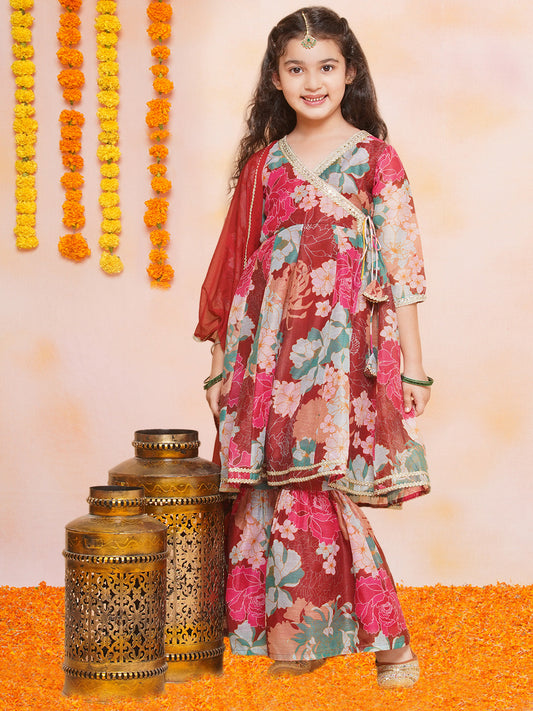 Girls Maroon Multi Printed Angrakha Kurta with Sharara & Dupatta - Bhama 