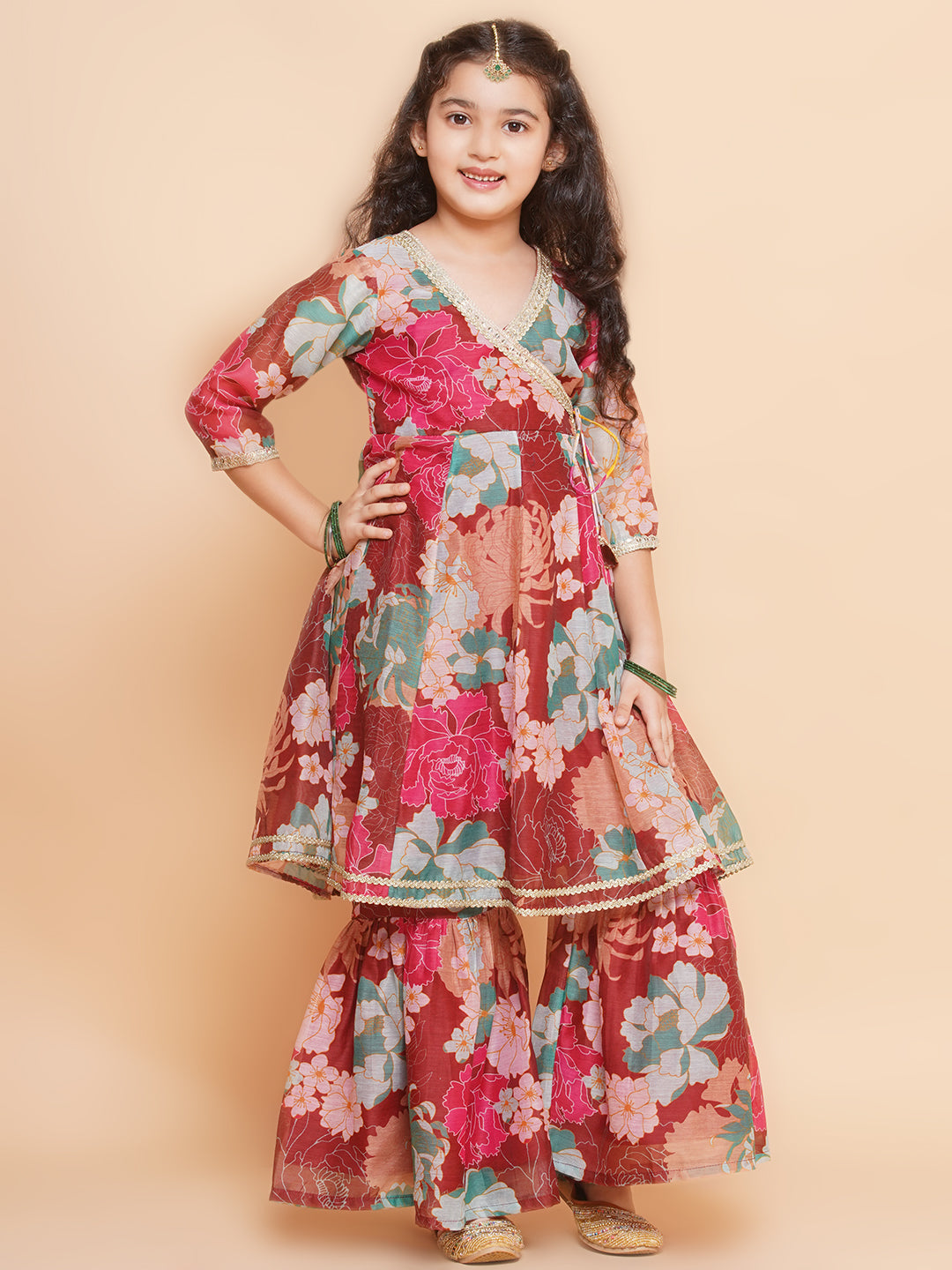 Girls Maroon Multi Printed Angrakha Kurta with Sharara & Dupatta - Bhama 