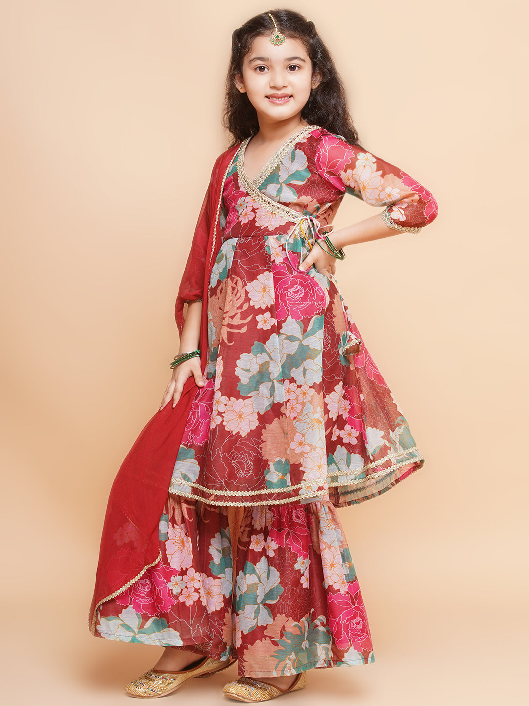 Girls Maroon Multi Printed Angrakha Kurta with Sharara & Dupatta - Bhama 