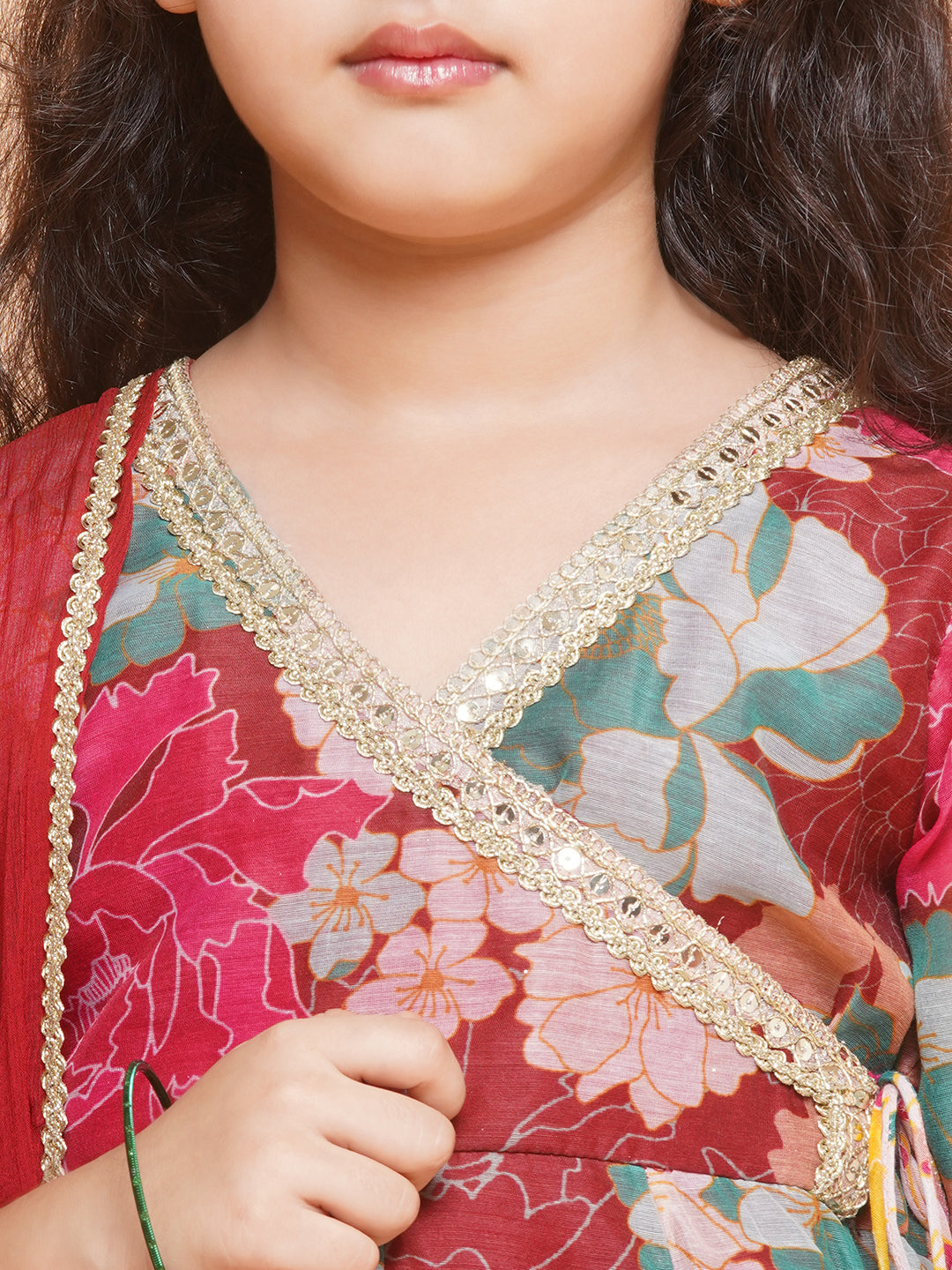 Girls Maroon Multi Printed Angrakha Kurta with Sharara & Dupatta - Bhama 