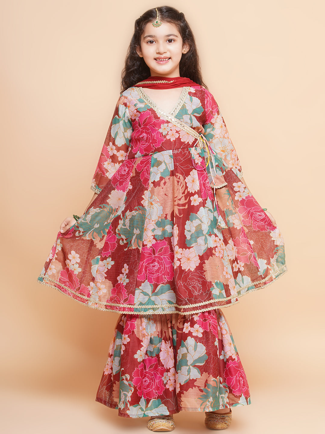 Girls Maroon Multi Printed Angrakha Kurta with Sharara & Dupatta - Bhama 