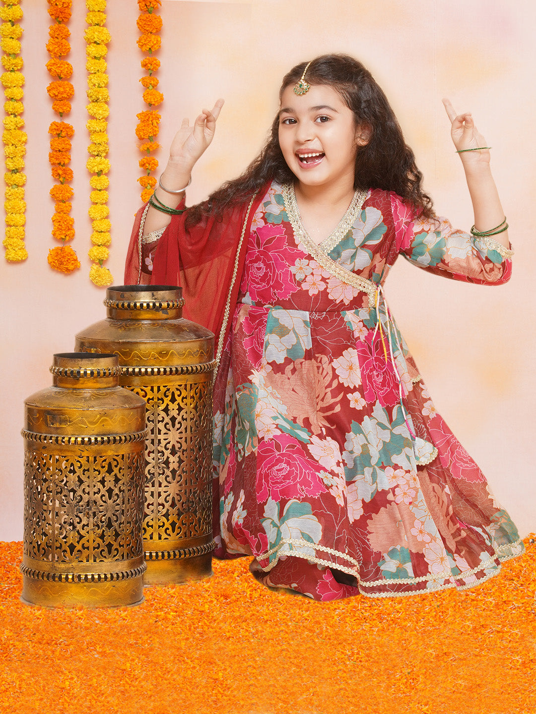 Girls Maroon Multi Printed Angrakha Kurta with Sharara & Dupatta - Bhama 