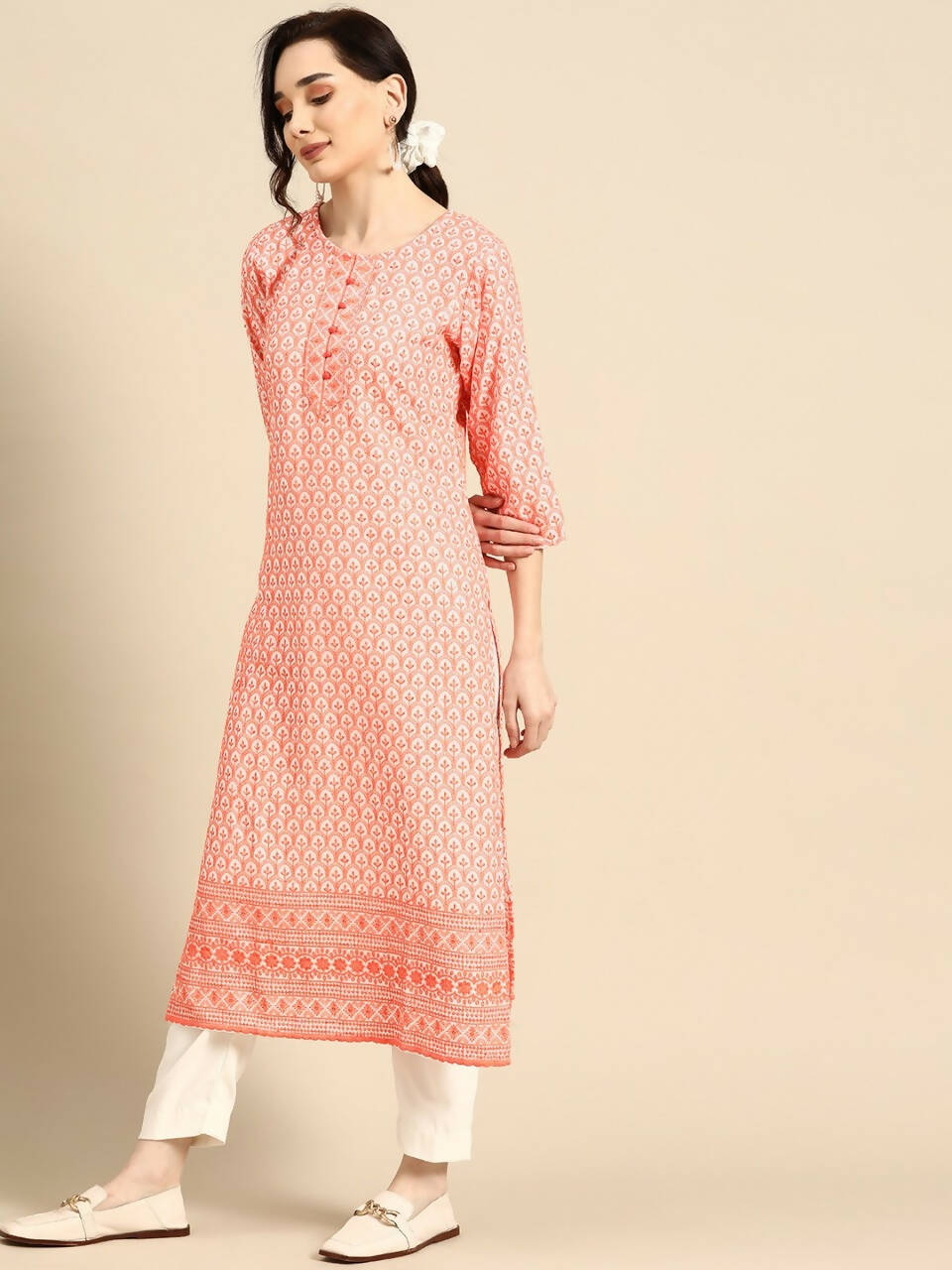 Deeps women's Orange Embroidered Rayon Kurta
