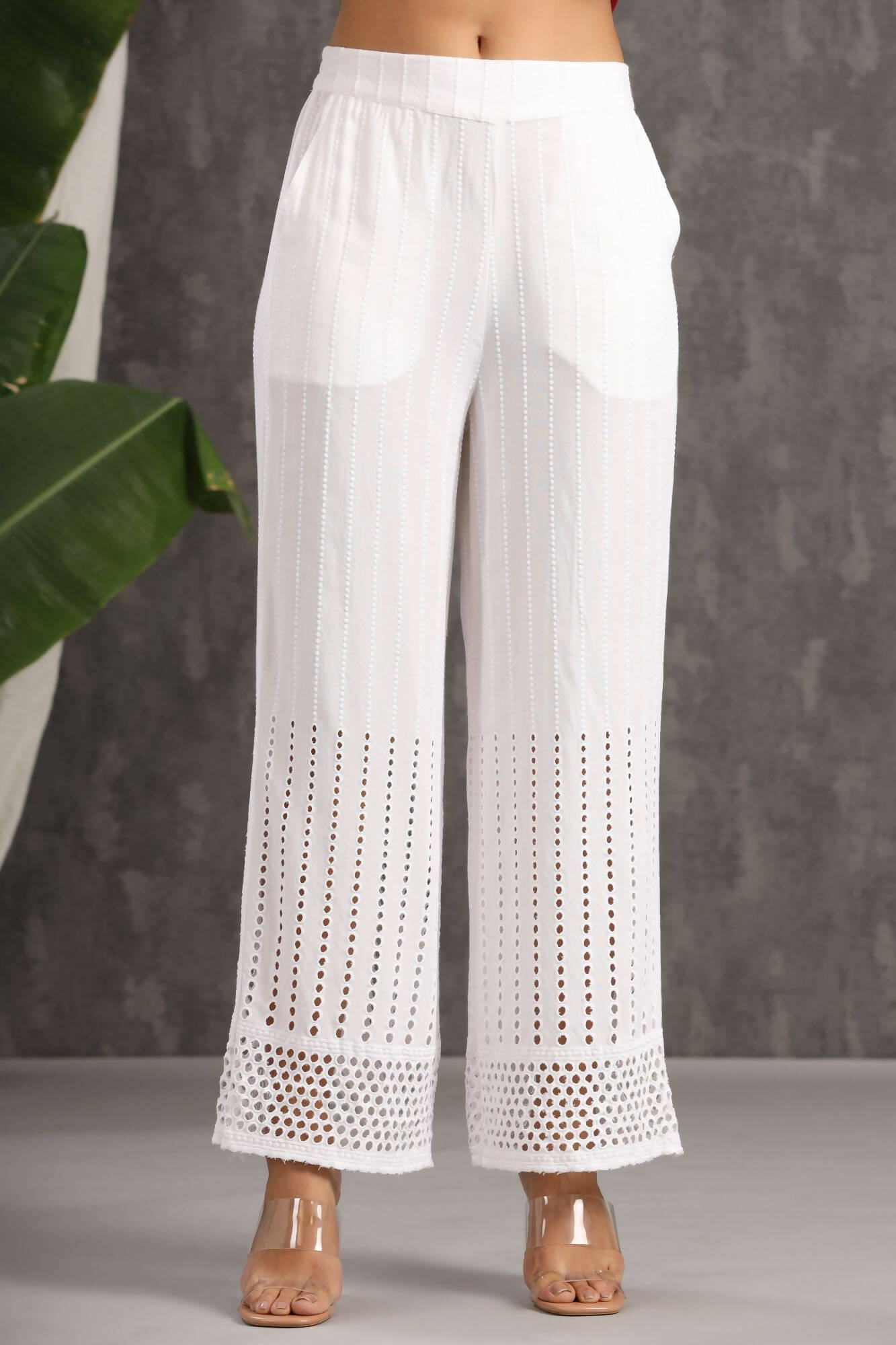 Juniper Women White Rayon Woven Design Flared Palazzo 
