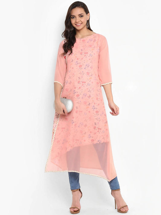 Janasya Women Pink Floral Print A-Line Kurta