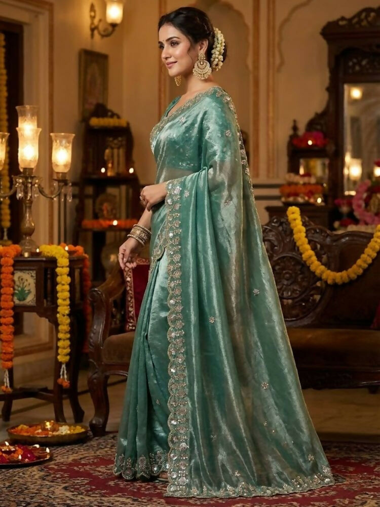 Joban Fashion Green Fandy Satin Silk Party Wear Sarees