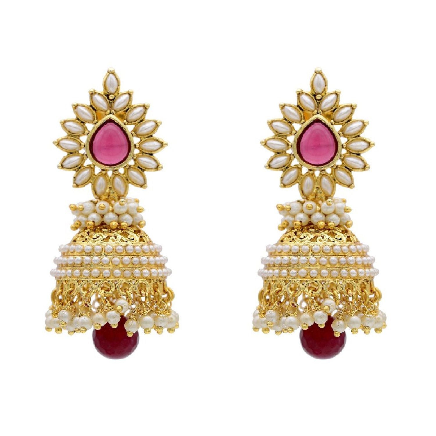 Gold-Plated Alloy Pearl Studded Jhumka Earrings - The Pari - Grab2buy