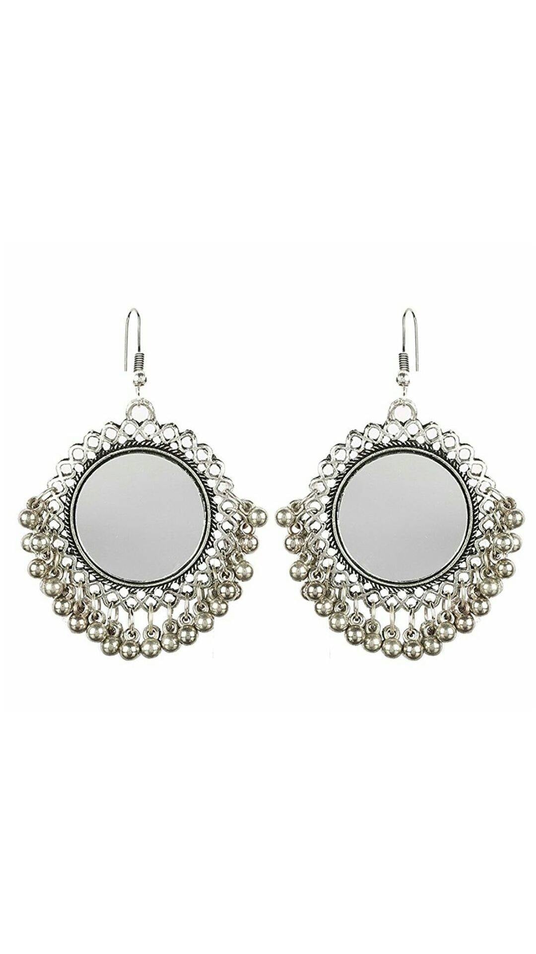 Silver-Plated Alloy Oxidised Designer Mirror Earrings - The Pari - Grab2buy