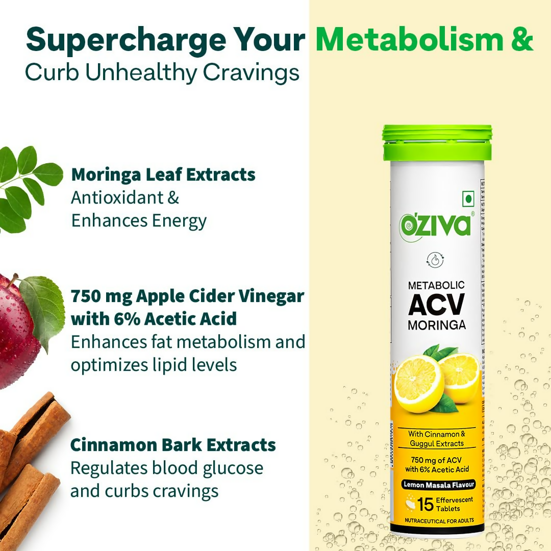 OZiva Metabolic ACV Moringa Effervescent Tablets for Control Cravings - Lemon Masala Flavor 