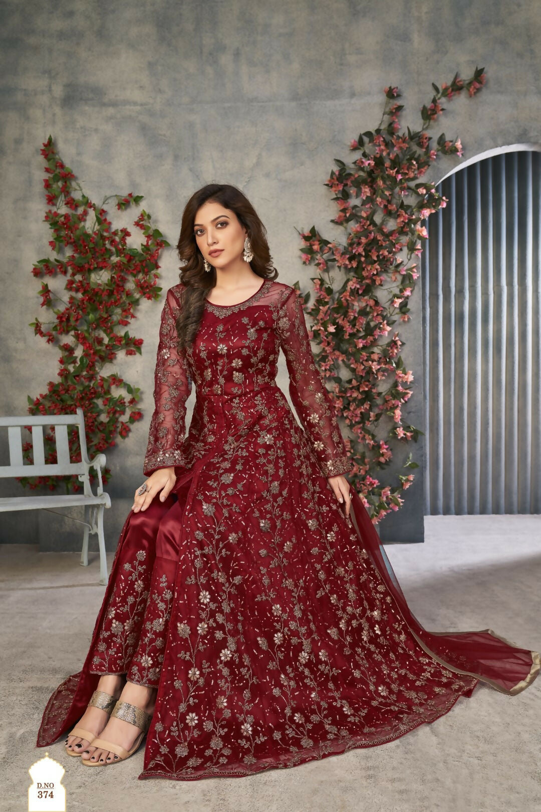 Anaita Maroon Embroidered Net Stitched Anarkali suit