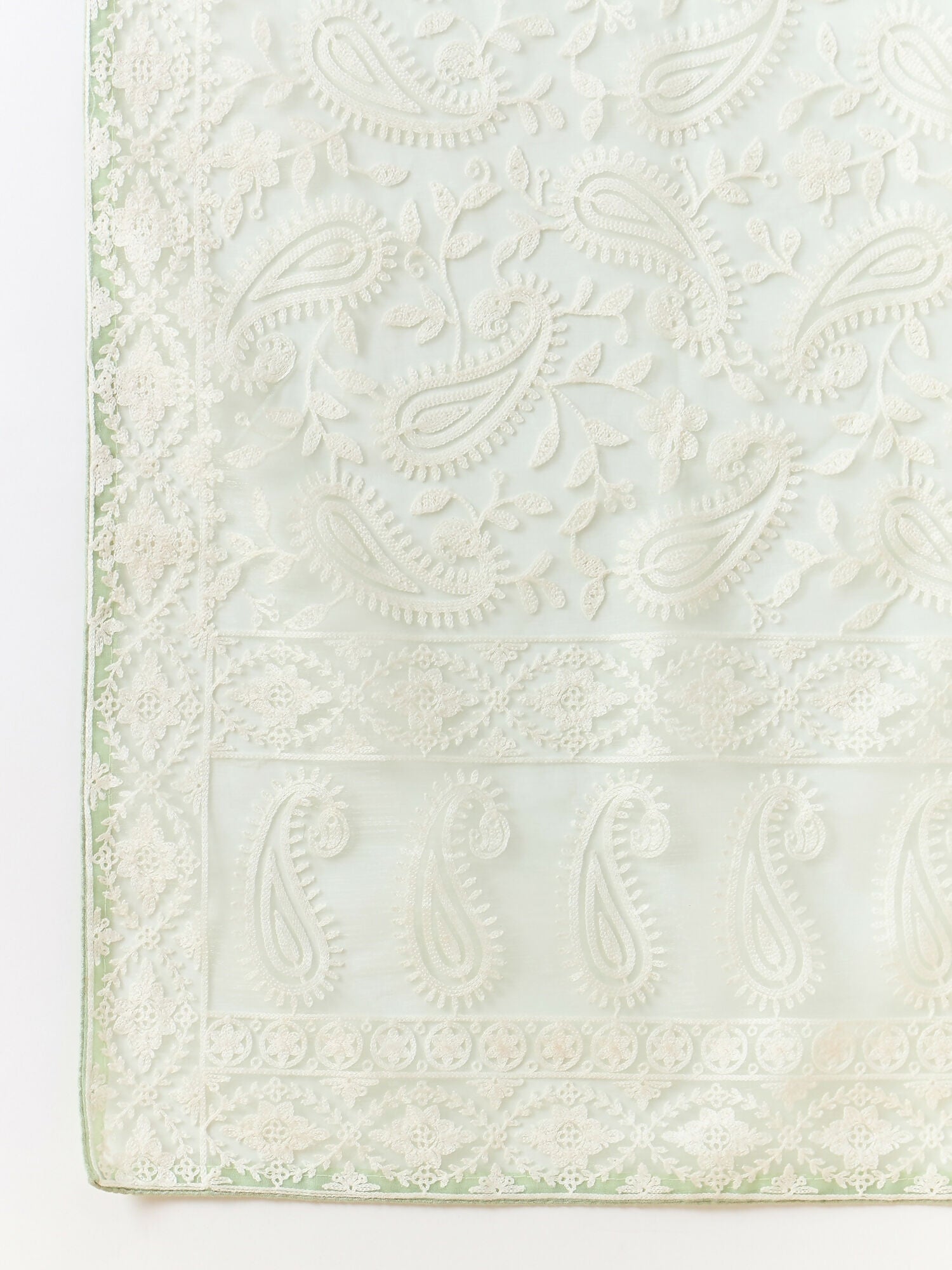 Green Organza Paisely Embroidered Saree with Unstitched Blouse Piece - Roozal