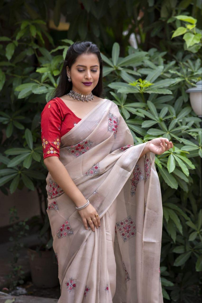 Fossil Pure Linen Ethnic Motifs Saree with Unstitched Blouse - A2M