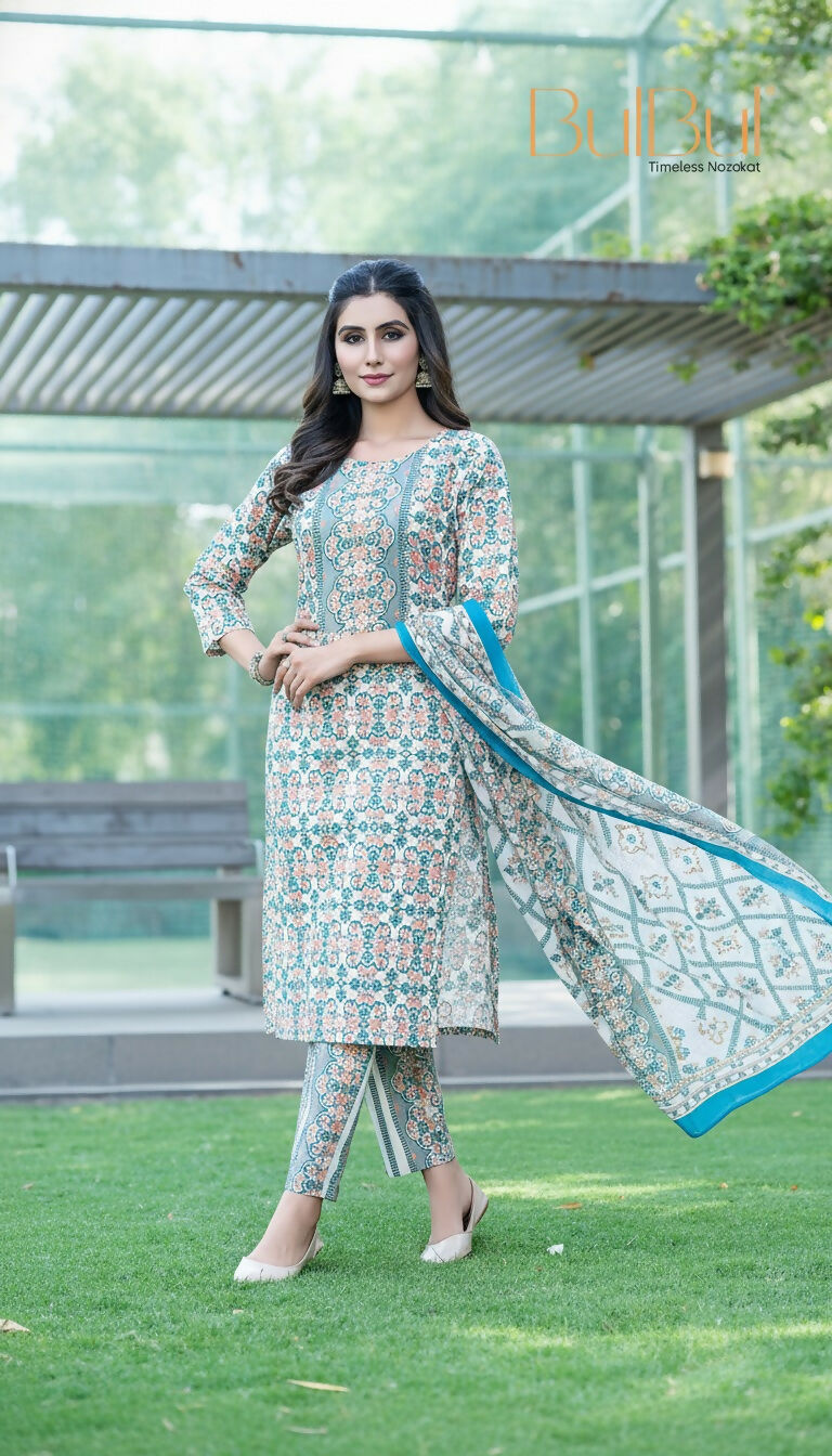 BulBul Fashionista Green-Blue Cotton Kurta Set with Dupatta 