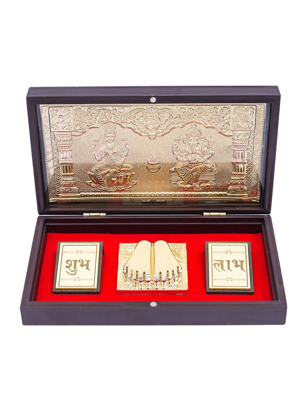 Golden Peacock Brown & Gold-Toned 24 Ct Gold Foil Laxmi And Ganesh Pooja Box 