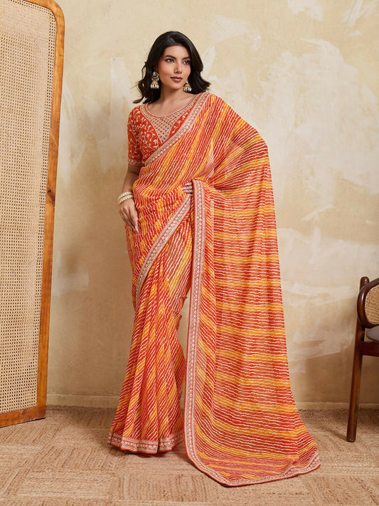 Teeya Creation New Trendy Leheriya Bandhani Georgette Saree For Daily Wear -Orange