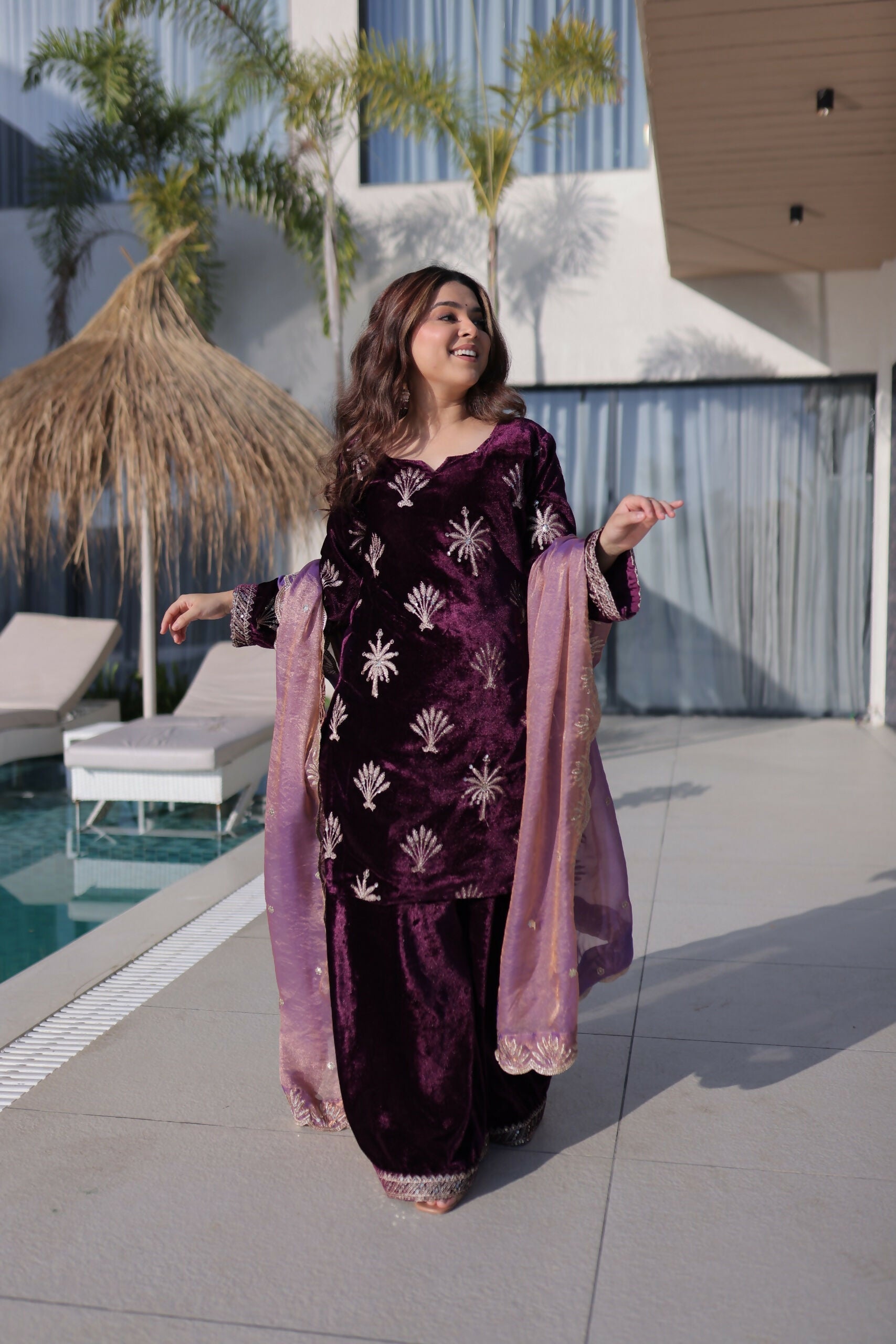 Joban Fashion Maroon Velvet Embroidery Sequence Work Readymade Kurta Set