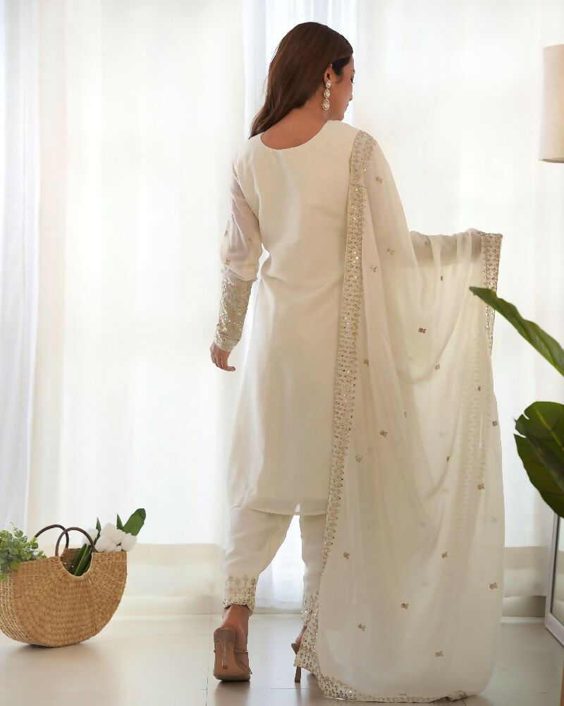 Joban Fashion White Kurta Set Silk Sequence Embroidery Work 